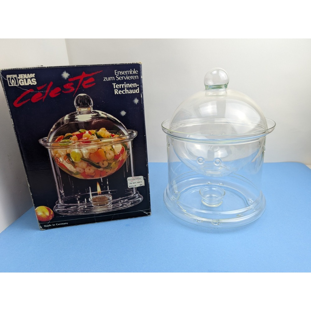 Rare Vintage Jenaer Glas 5 Cup Chafing Set Clear Glass Bowl, Made In Germany